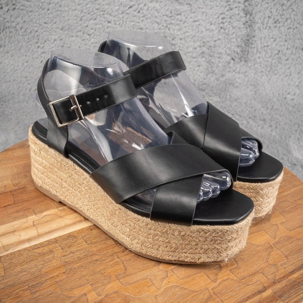 Truffle Collection Black Wedge‎ Espadrille Ankle Strap Women's Sandals Sz 8